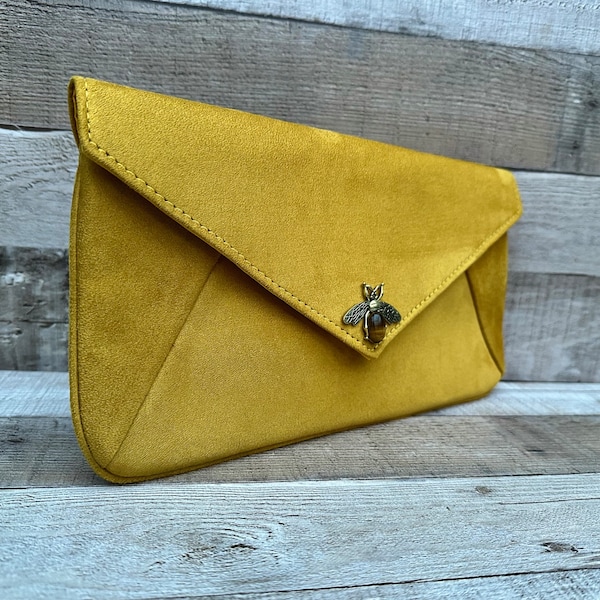 Suede clutch bag. Envelope clutch bag. Yellow clutch bag. Clutch purse with strap. Suede handbag. Evening bag for women