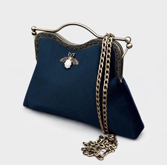 Petit Sac à Main En Cuir Vintage Bleu Marine - Sac De Soirée, Fermeture à Bascule, Années Rétro