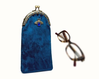 Weiches Brillenetui. Federmäppchen aus Samt. Blaues Brillenetui. Vintage Brillenetui