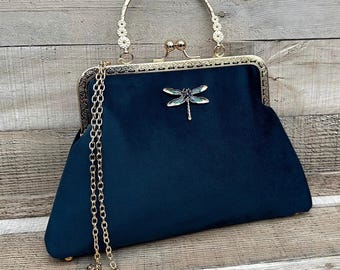 Sac à main bleu marine pour femme. Sac de soirée bleu marine. Pochettes et sacs à main. sac à main vintage. Sac à main en velours. Sac de soirée bleu