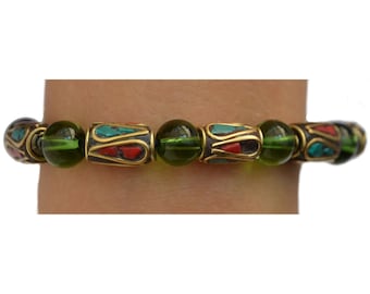 Green Tibetan Bracelet - Glass Beads and Elongated Mosaic Beads (Gold, Turquoise & Red) | Handmade from Nepal