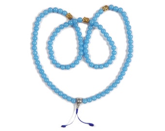 Mala têtes de Bouddha dorées perles verre 9 mm bleu | Fabriqué à la main au Népal | Bijoux bouddhistes pour la méditation et le yoga