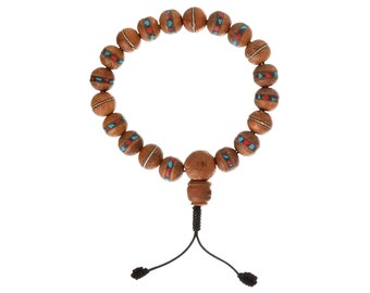 Buddhist bracelet (hand mala) made of wooden beads with mosaic stones | Handmade from Nepal