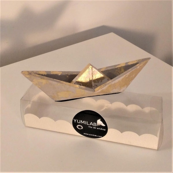 Grand voilier style origami finition mñetal doré, bateau, couleur personnalisable, design exclusif, résine écologique, déco marine, cadeau