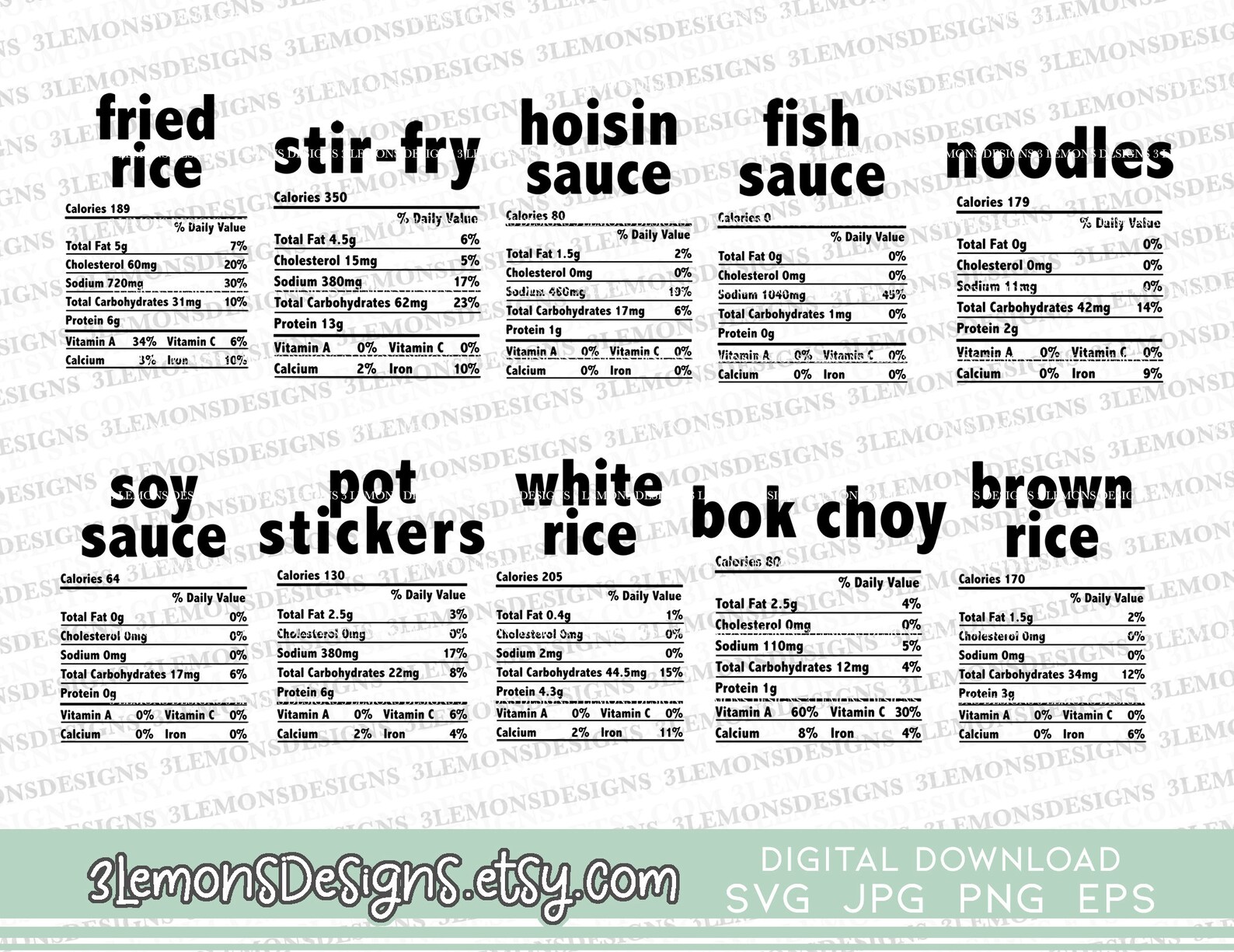 Asian food nutrition facts SVG bundle 10 designs white rice Etsy