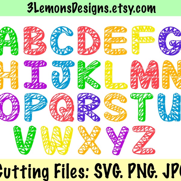 Scribble police lettres SVG, police enfants, enfants mignons, préscolaire, maternelle, SVG png jpg, Cricut silhouette, lettres de frigo, Scribble lettres