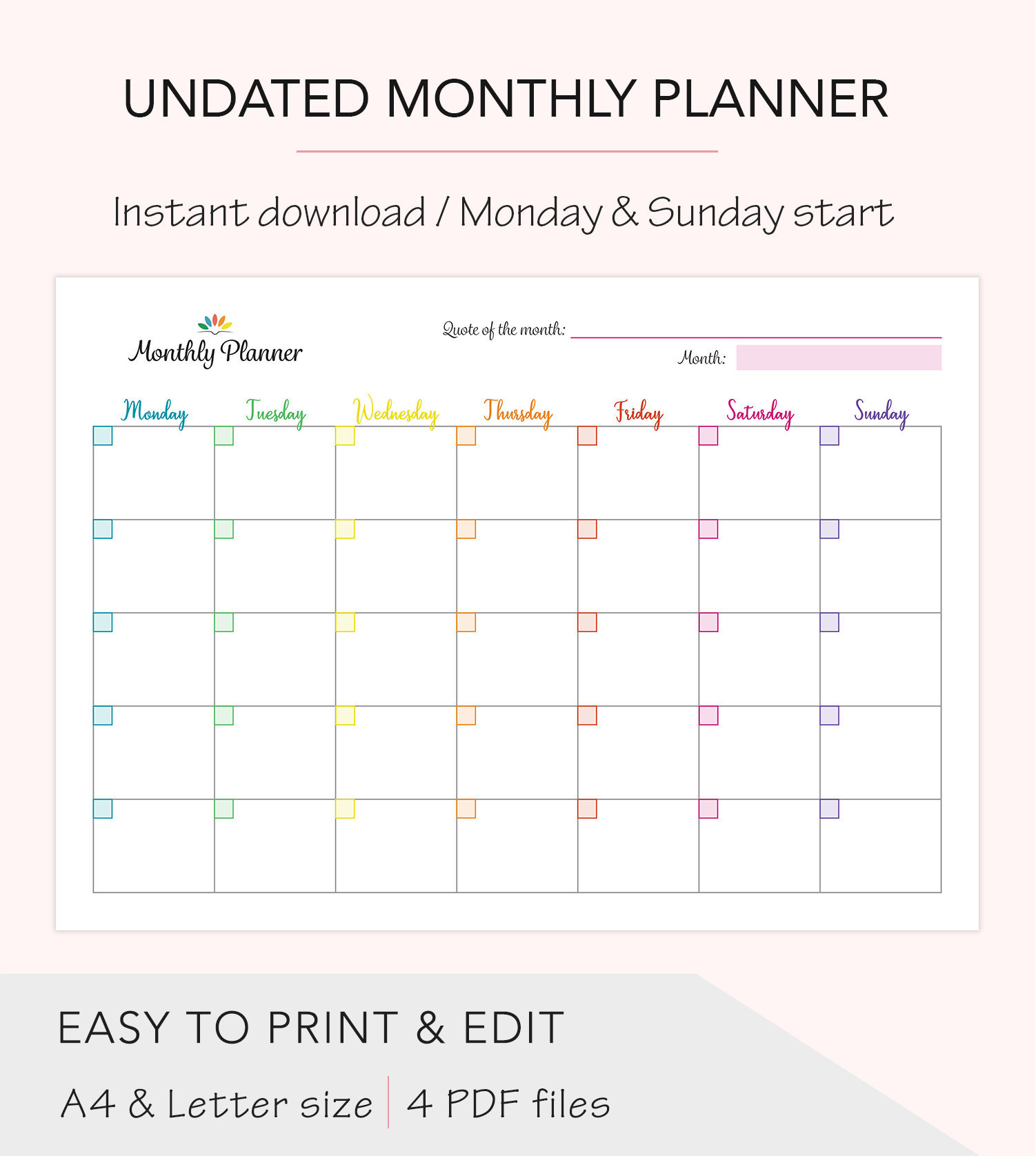 Undated Printable Monthly Planner Monday And Sunday Start Etsy