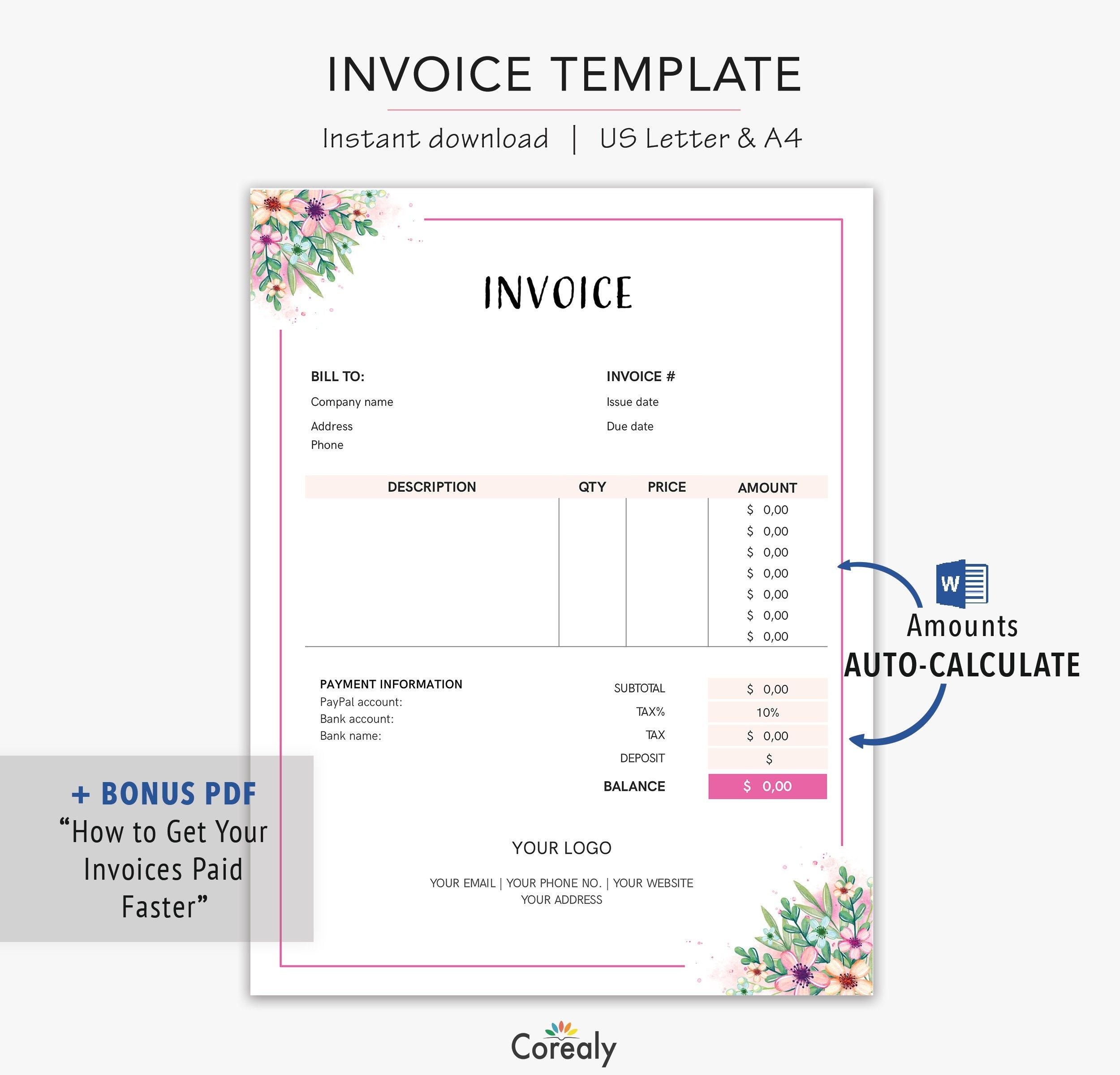 invoice template word auto calculate printable invoice etsy