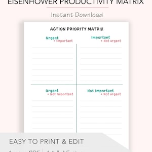 Może przedstawiać: Drukowany planer produktywności Eisenhower Matrix w kolorze zielonym i różowym. Macierz jest podzielona na cztery kwadranty oznaczone jako "Pilne + Ważne", "Ważne + Niepilne", "Pilne + Nieistotne" i "Nieistotne + Niepilne".