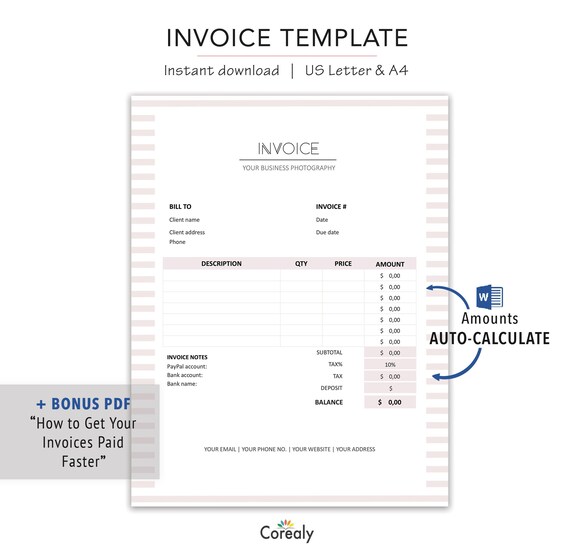 invoice template word auto calculate printable invoice etsy