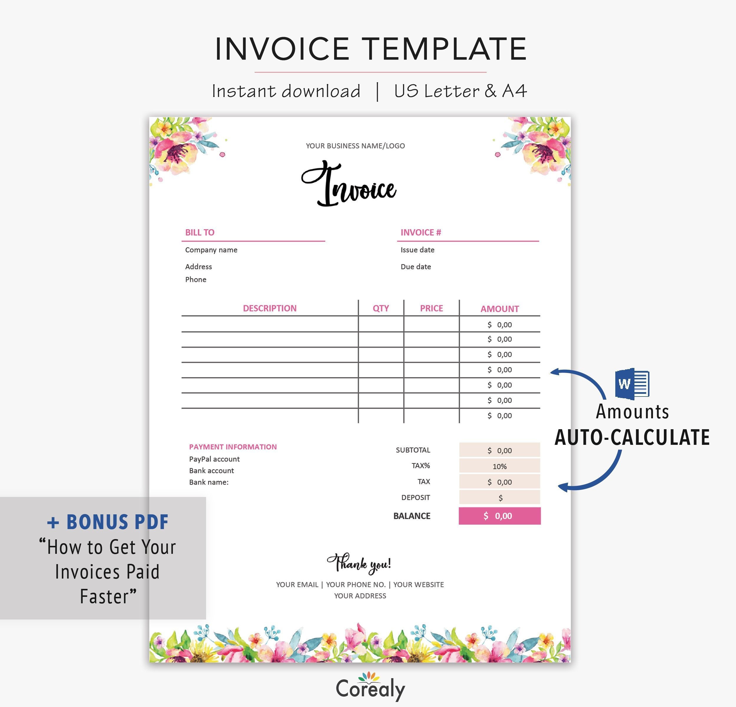 invoice template word auto calculate printable invoice etsy