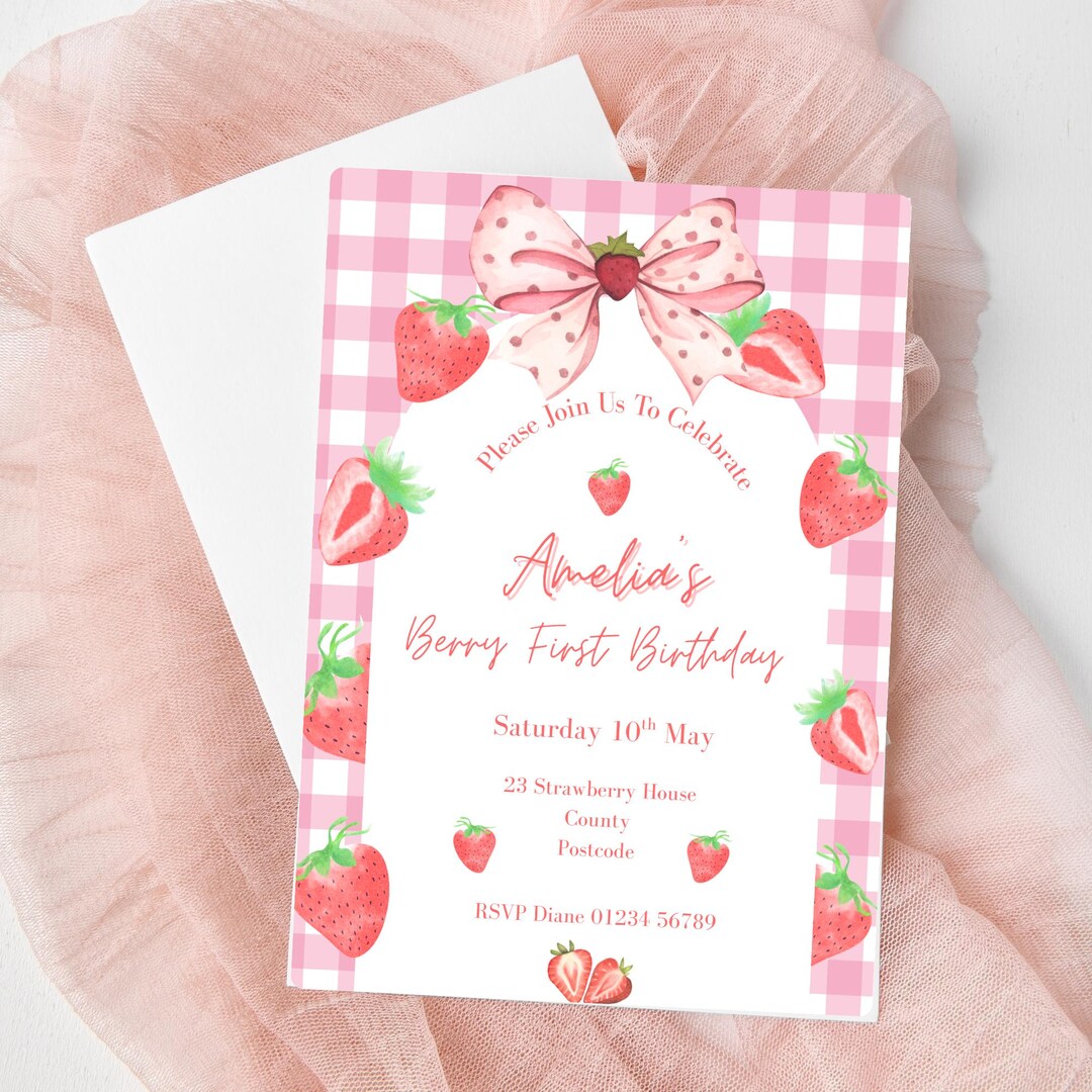 Berry 1st Birthday Pink Gingham Party Kids Personalised Digital ...