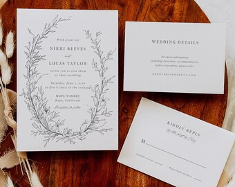 Printable Wildflowers Wreath Wedding Invitation Template, Whimsical Wreath Wedding Invitation Template Set, Editable Wedding Invitations