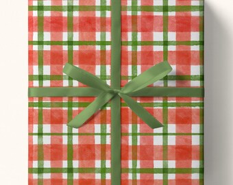 Handdrawn Red Gingham Wrapping Paper, Christmas Wrapping Paper, Red Check Holiday Wrapping Paper, Red and Green Plaid Gift Wrap, Gift Giving