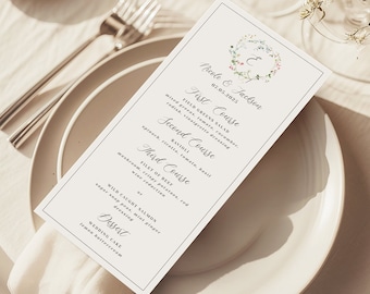 Printable Wildflowers Wedding Menu, Floral Monogram Menu Template, DIY Editable Menu, Wedding Crest Menu, Watercolor Menu Instant Download