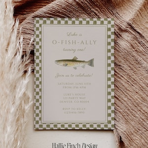 Fishing Birthday Invitation Template, O-fish-ally, The Big One Birthday Party Invites, Fishing Party, Instant Download, Editable Invitation