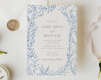 Printable Wedding Invitation Template, Editable Greenery Wedding Invitations, Vintage Floral Wedding, Botanical Frame Wedding Invitations