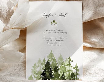 Faire-part de mariage, modèle de faire-part de mariage, faire-part de mariage, faire-part de mariage à la montagne, modèle d'invitation à un mariage avec des arbres de la forêt