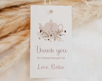 Boho Florals Tea Party Favor Tag Template, Printable Gift Tag, Party Favor Printable Tags, Editable, Tea for Two Tea for Three Favor Tags