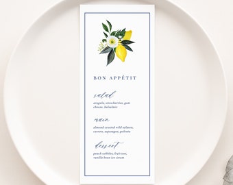 Lemon Bridal Shower Menu Template, Editable Printable Menu, DIY Wedding or Party Menu, Wedding Crest Menu, Watercolor Menu Instant Download