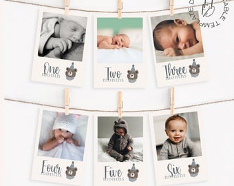 Peut inclure: Un modèle de bannière photo de jalons mensuels imprimable avec une chaîne de douze cadres photo de 12,7x17,8 cm avec une illustration mignonne d'ours et le texte "Un mois", "Deux mois", "Trois mois", "Quatre mois", "Cinq mois" et "Six mois".