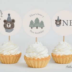 Beary Cute Cupcake Toppers Template, Bear Cupcake Toppers, Beary 1st Birthday, Beary First Cupcake Toppers, Bear Birthday, 1st Birthday Boy