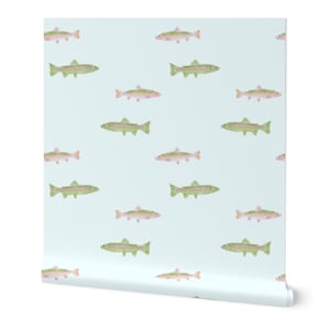 Rainbow Trout Fish Peel and Stick Removable Wallpaper, Fish Handpainted Wallpaper, Renter Friendly Wallpaper, Hand Drawn Nature Wallpaper