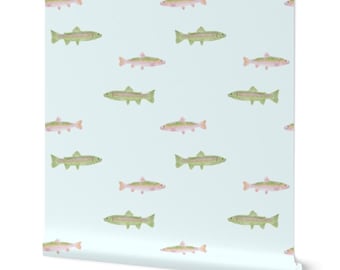 Rainbow Trout Fish Peel and Stick Removable Wallpaper, Fish Handpainted Wallpaper, Renter Friendly Wallpaper, Hand Drawn Nature Wallpaper