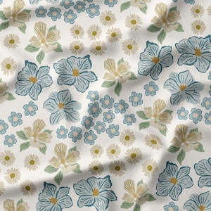 Floral Fabric, Handdrawn Fabric, Floral Textile Design, Linen Cotton Canvas Fabric, Fabric by the Yard, Handpainted Blue Flowers Fabric
