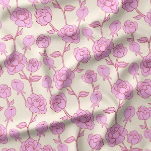 Floral Fabric, Handdrawn Fabric, Floral Textile Design, Linen Cotton Canvas Fabric, Fabric by the Yard, Handpainted Pink Flowers Fabric