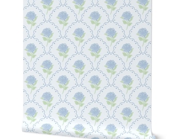 Carta da parati rimovibile con ortensie, carta da parati floreale dipinta a mano, carta da parati adatta agli inquilini, carta da parati con fiori blu disegnati a mano