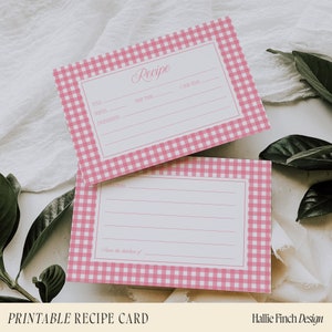 Printable Recipe Cards, Instant Download Recipe Card, Recipe Cards 4x6, DIY Bridal Shower Recipe Card, Pink Gingham Recipe Card Printable