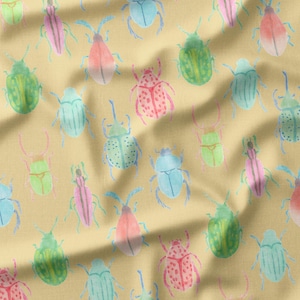Watercolor Bugs Fabric, Handdrawn Fabric, Bugs Textile Design, Linen Cotton Canvas Fabric, Fabric by the Yard, Handpainted Beetles Fabric