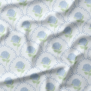 Hydrangeas Fabric, Handdrawn Fabric, Floral Textile Design, Linen Cotton Canvas Fabric, Fabric by the Yard, Handpainted Blue Flowers Fabric