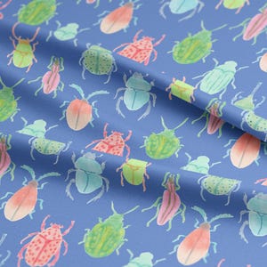 Watercolor Bugs Fabric, Handdrawn Fabric, Bugs Textile Design, Linen Cotton Canvas Fabric, Fabric by the Yard, Handpainted Beetles Fabric