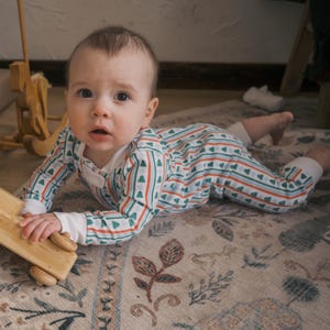 Winter Stripes Baby Footie Pajamas, Pima Cotton Ethically Made Holiday Childrens Pajamas, Matching Baby Christmas Pajamas Snowflakes Trees