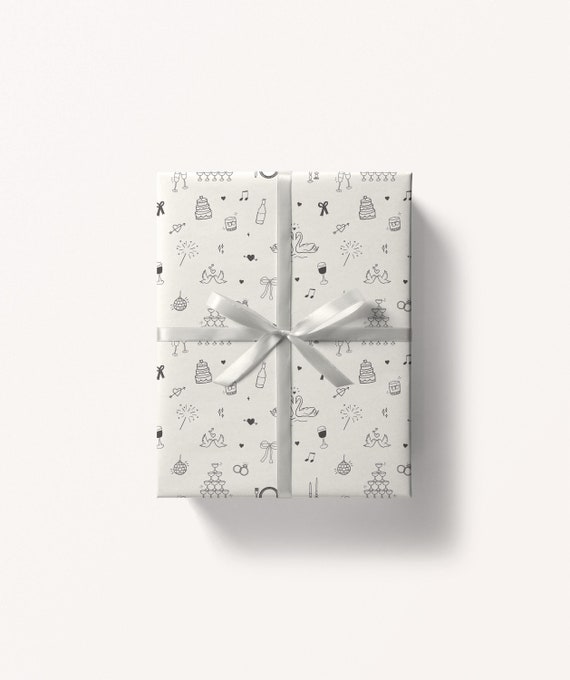 Whimsical Wedding Bridal Wrapping Paper, Wedding Wrapping Paper with Illustrations, Cute Doodle Wrapping Paper, Handdrawn Gift Wrap Paper