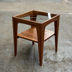Mid-Century Modern Glass Top End Table: Solid Hardwood, USA Made