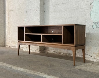 Media Console, TV Cabinet,  Solid Wood Media Center, Low Shelving Unit, Vinyl Record Storage