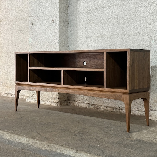 Media Console, TV Cabinet,  Solid Wood Media Center, Low Shelving Unit, Vinyl Record Storage