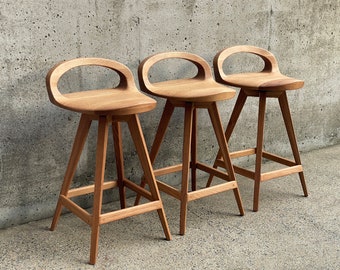 APEX Swiveling Wood Counter Stool Carved Seat Mid Century Modern Stool Tractor Seat Stool Kitchen Barstool Natural Finish Etsy