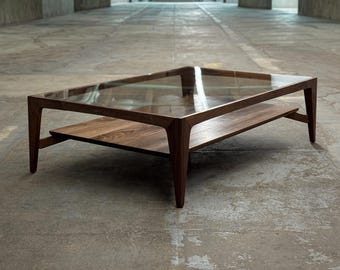 Modern Rectangular Wood Coffee Table with Glass Top, USA made