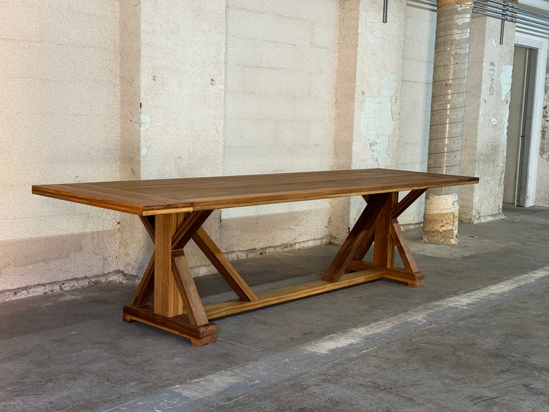 Teak dining table, farmhouse table, trestle table, custom dining table, outdoor table image 1