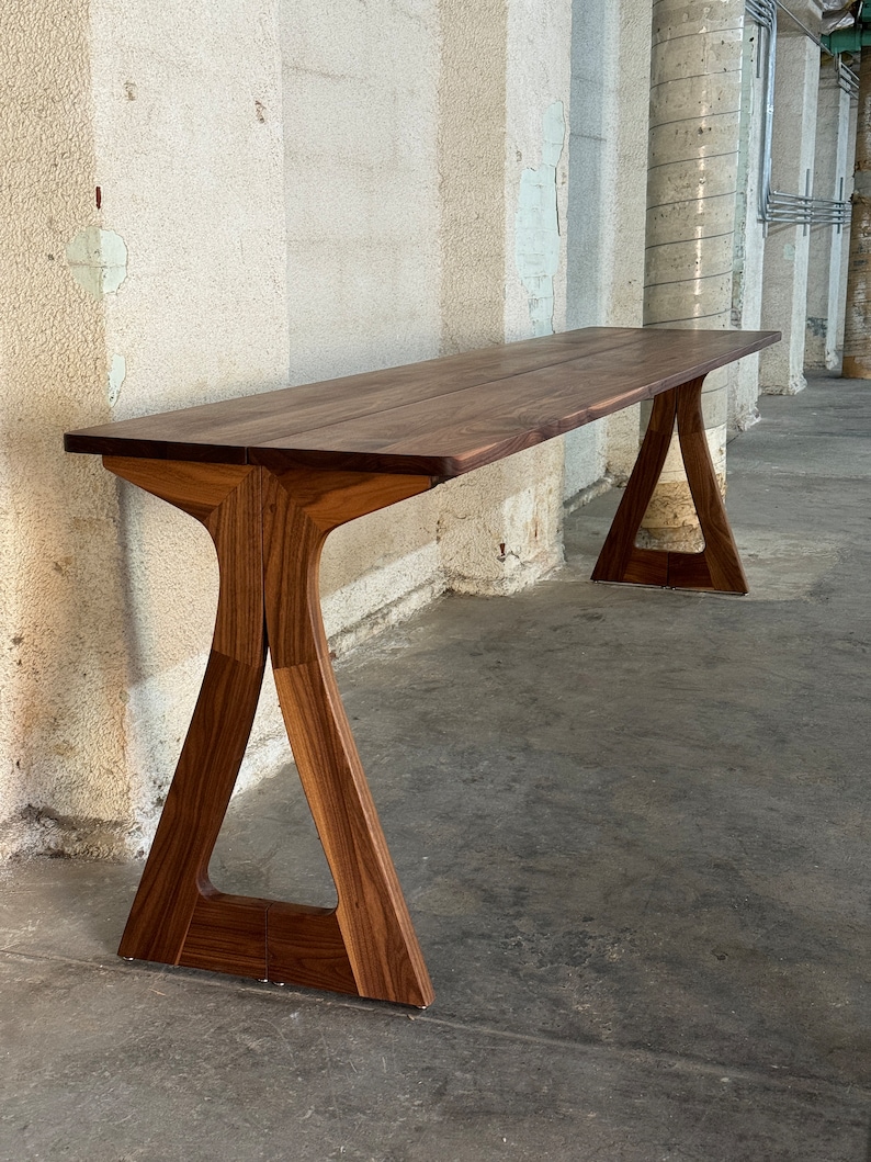 photo of expanding sofa table, made of solid walnut, made in the USA by Marco Bogazzi