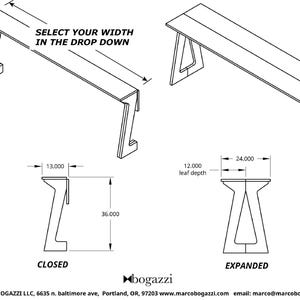 drawing with dimensions of expanding sofa table, made in the USA by Marco Bogazzi