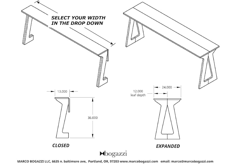 drawing with dimensions of expanding sofa table, made in the USA by Marco Bogazzi