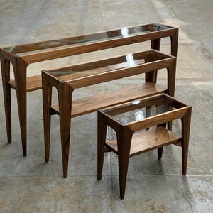 Glass Top Console Table – Mid-Century Modern Entryway or Sofa Table, Solid Wood Hardwood, Handcrafted, Made in USA