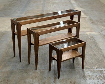Mid-Century Modern Solid Hardwood Console Table, Tempered Glass Top