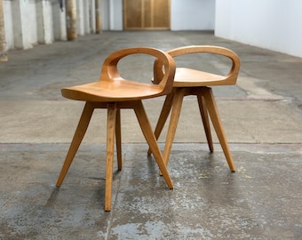 Mid Century Modern Swiveling Dining Chair: Carved Tractor Seat stool, USA made