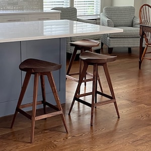 Mid Century Modern Counter Stool | Swivel Bar Stool | Wood Tractor Seat Stool | Counter Height Stool | Carved Seat | Wood Samples